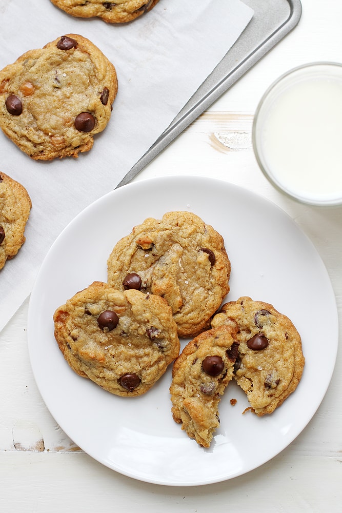 caramel coconut chocolate chip cookies on a plate