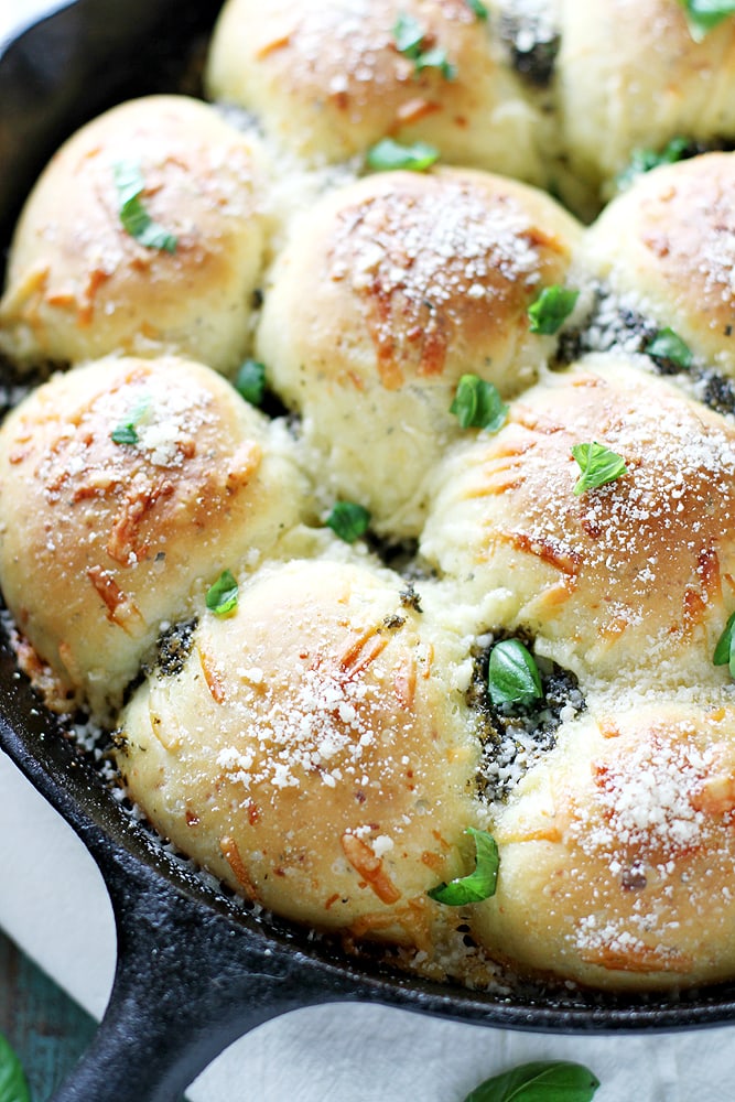 close up parmesan pesto skillet rolls