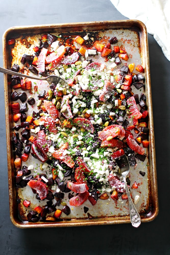 roasted beet orange salad on sheet pan