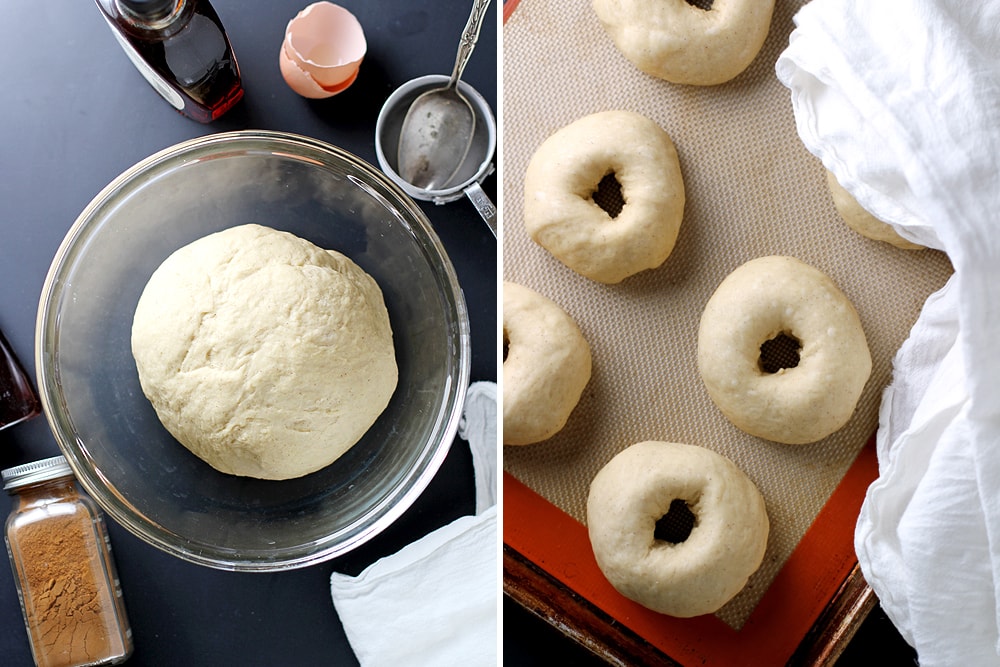 french toast bagel dough in a bowl and on baking sheet