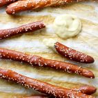 homemade hard pretzel rods with mustard dip
