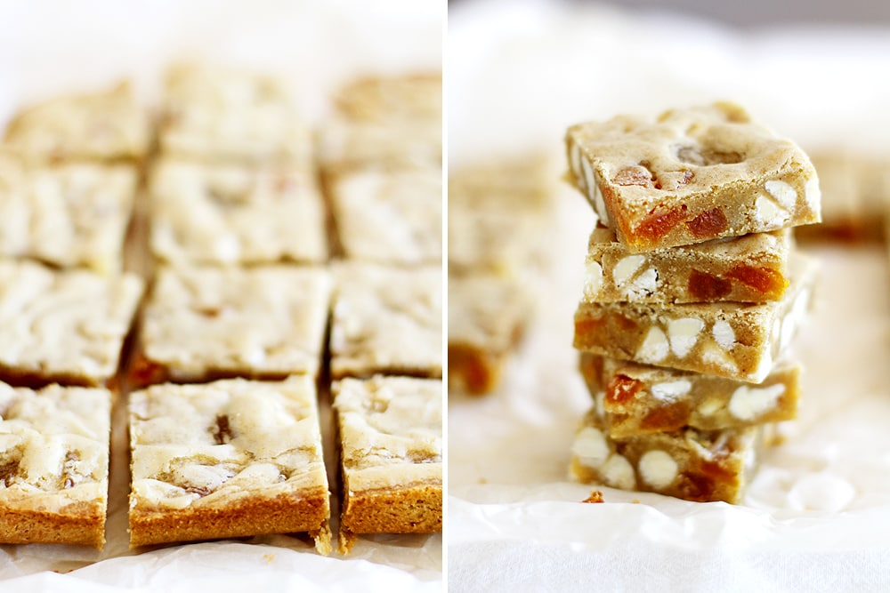 stack of apricot white chocolate blondies