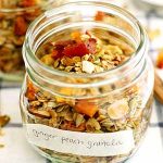 ginger peach granola in glass jar.
