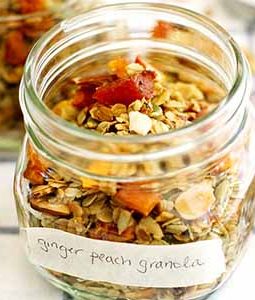 ginger peach granola in glass jar