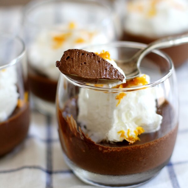 dark chocolate orange mousse with spoon.