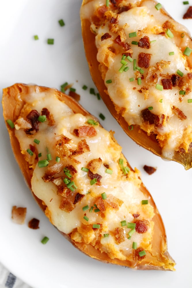 twice baked sweet potatoes with chive and bacon on plate