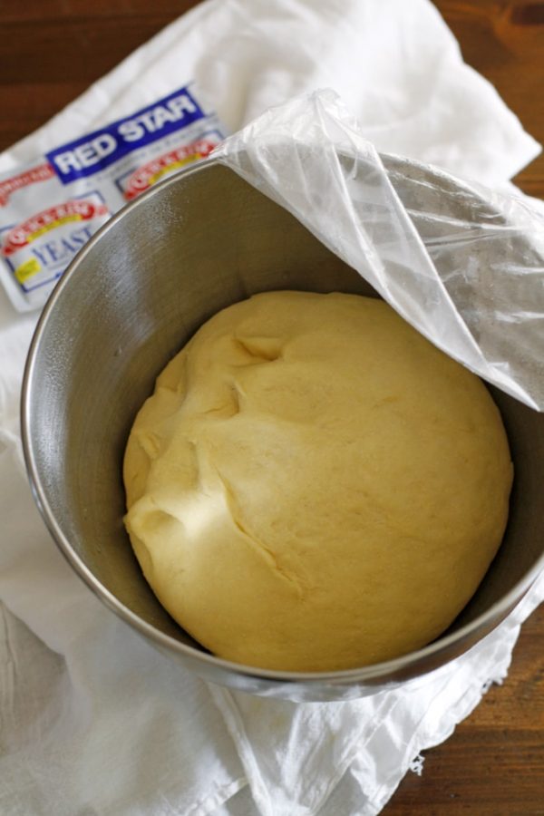 brioche donut dough in bowl.