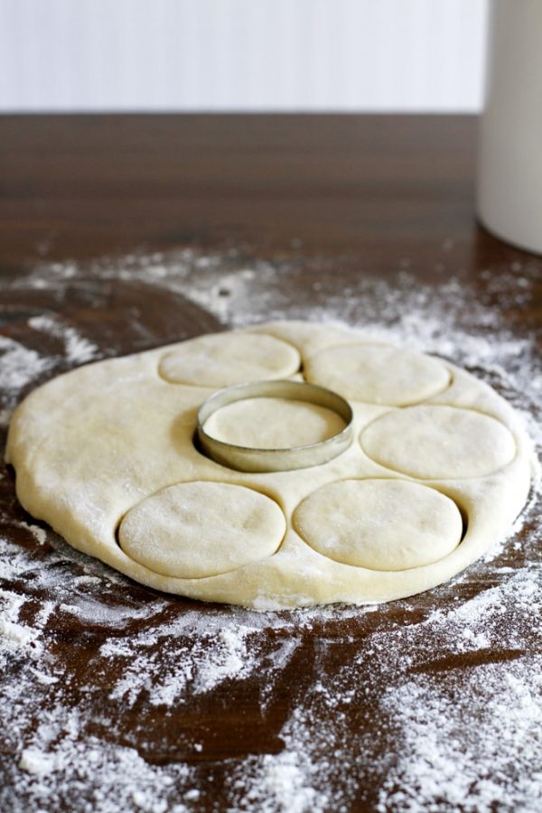 cutting brioche doughnut dough.
