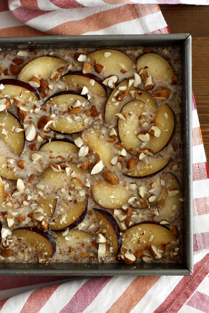 cinnamon plum oatmeal in baking pan