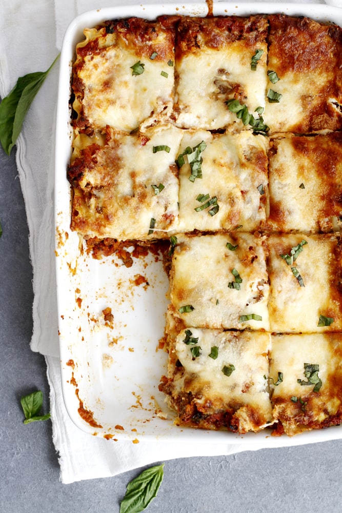 baked lighter lasagna bolognese in baking dish