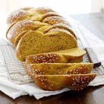 sliced pumpkin challah bread.