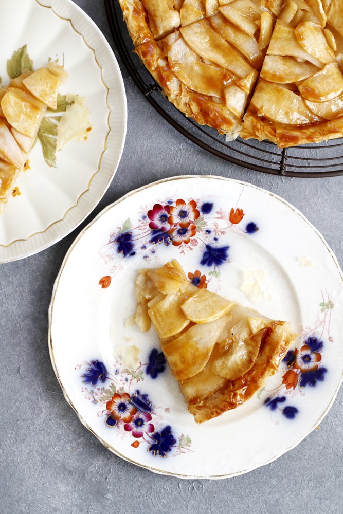 slice of salted caramel pear phyllo tart on a plate