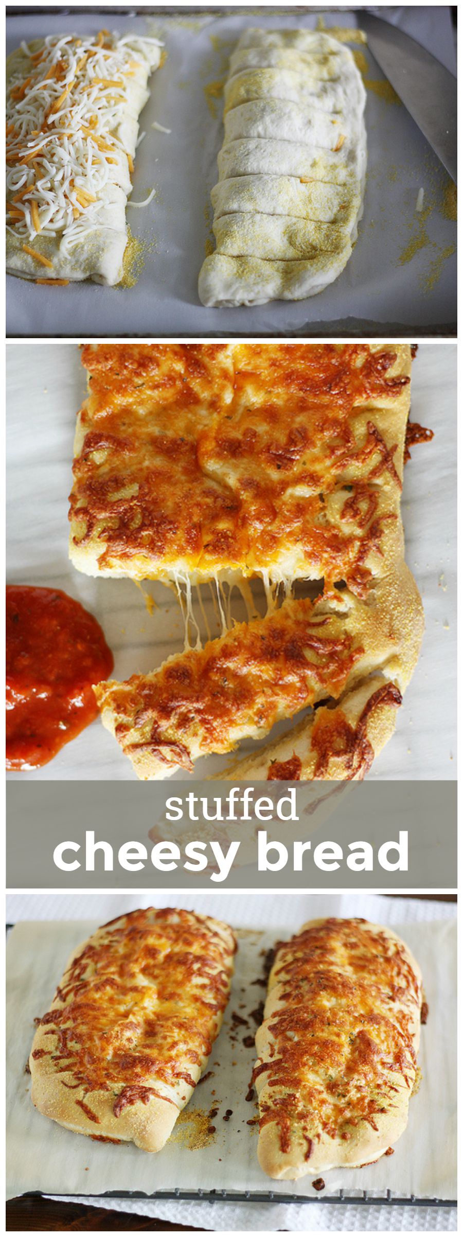 Stuffed Cheesy Bread -- You won't believe how easy it is to make this delicious melty cheese-stuffed bread! www.girlversusdough.com @girlversusdough