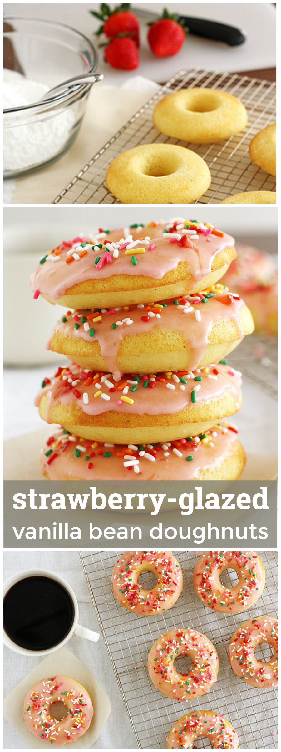 Strawberry Glazed Vanilla Bean Doughnuts -- Baked doughnuts with a sprinkles-topped glaze, better than anything store-bought! girlversusdough.com @girlversusdough