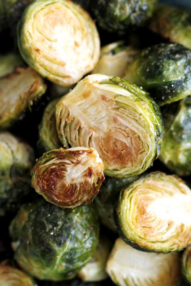 close up of dijon torred brussels sprouts 