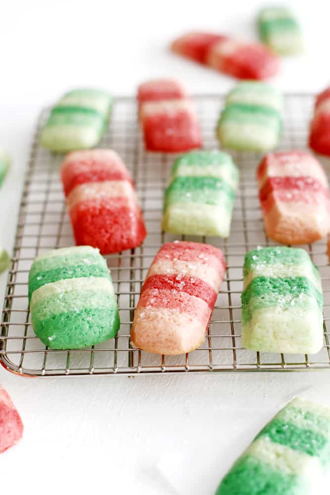 Ombre peppermint slice and bake cookies on cooling rack