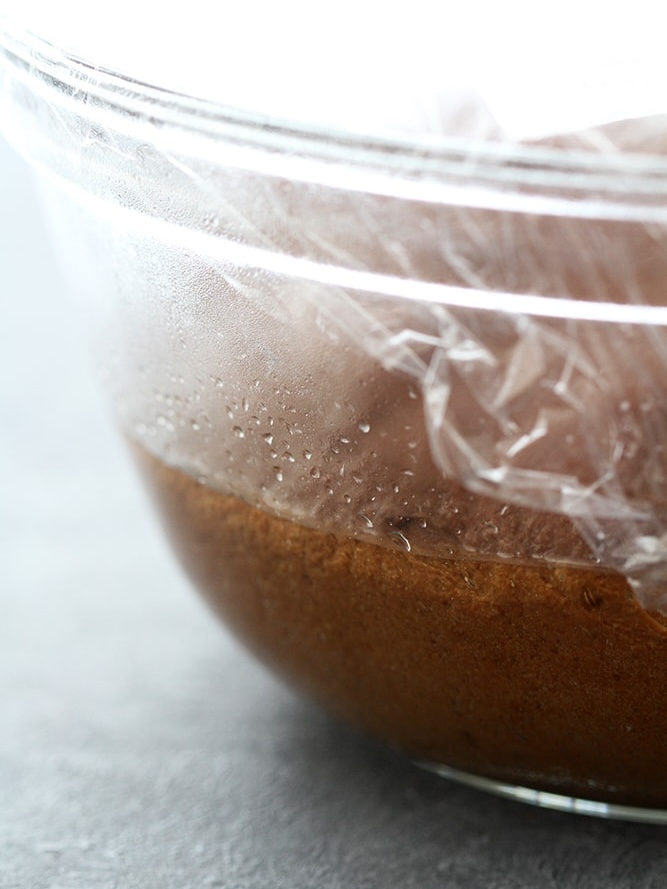 pumpernickel bagel dough proofing in bowl.