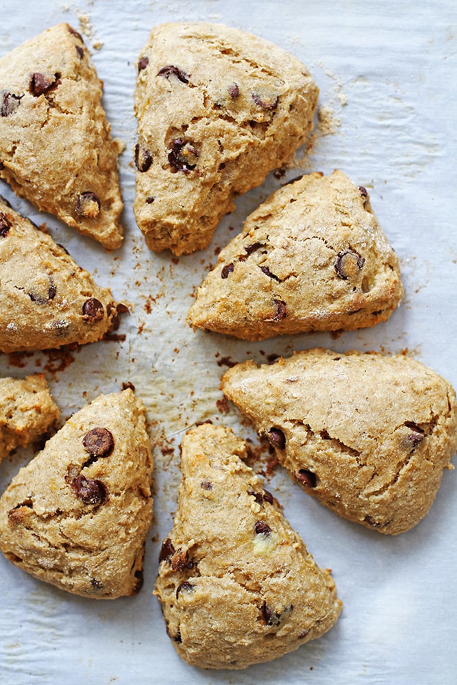 whole wheat chocolate chip banana scones on parchment paper