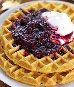 fluffy coconut flour waffles with berry compote