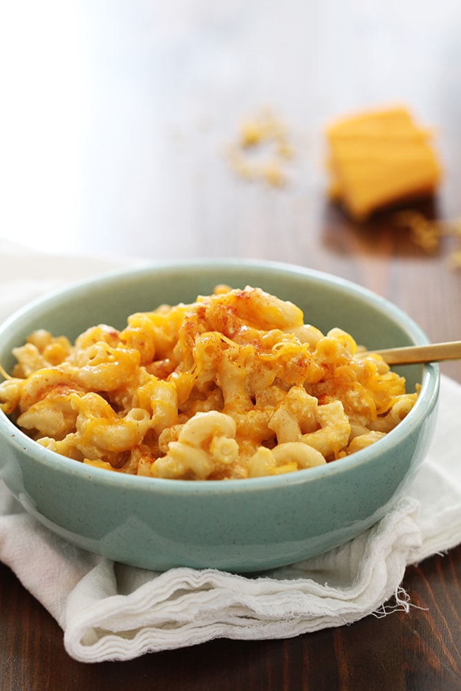 slow cooker macaroni and cheese in a bowl