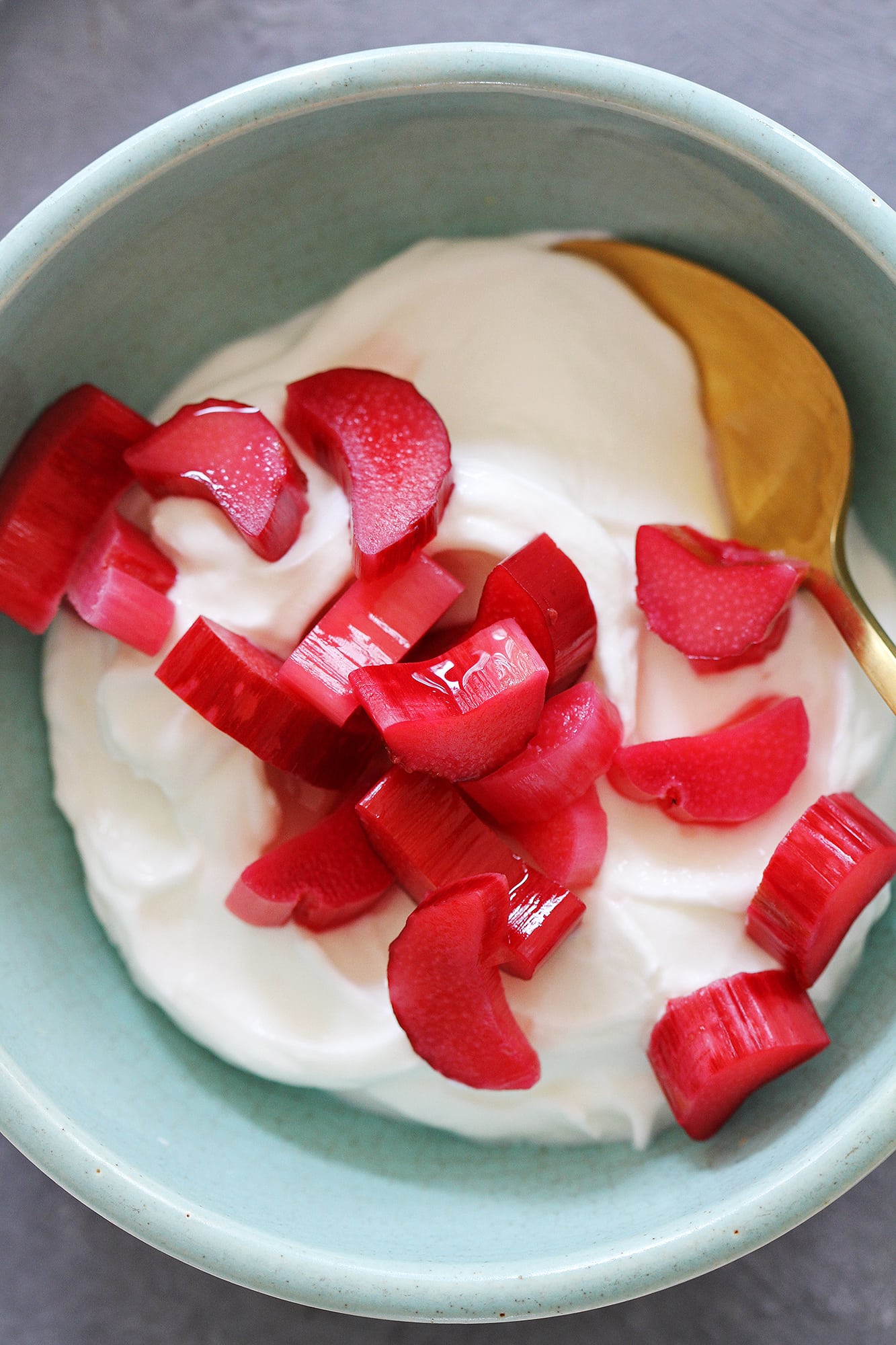 easy pickled rhubarb in a bowl