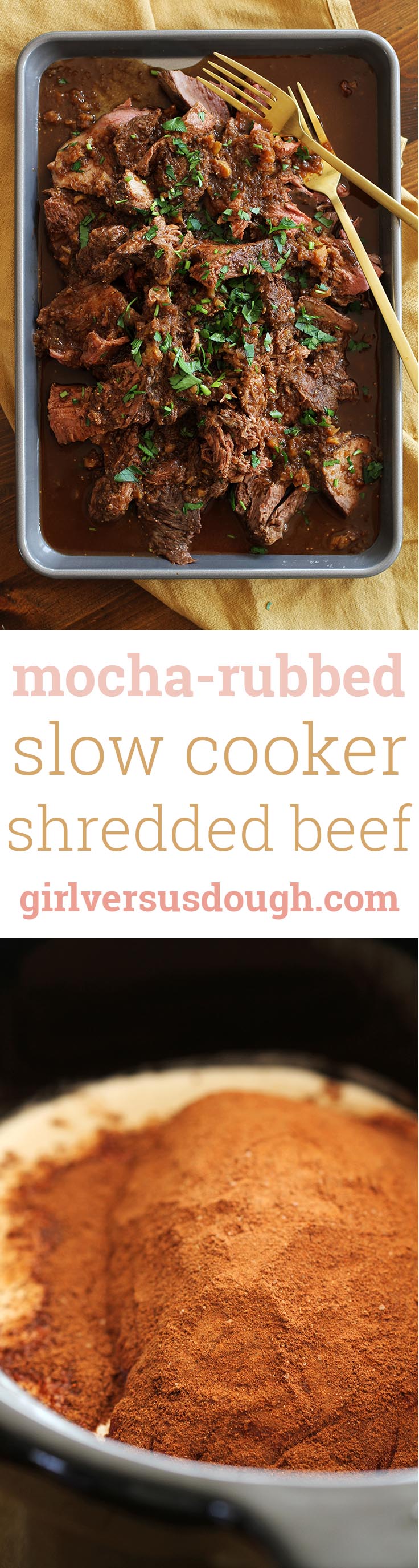 Mocha Rubbed Slow Cooker Shredded Beef -- Espresso and cocoa come together in this delicious, tender crockpot pot roast. www.girlversusdough.com @girlversusdough
