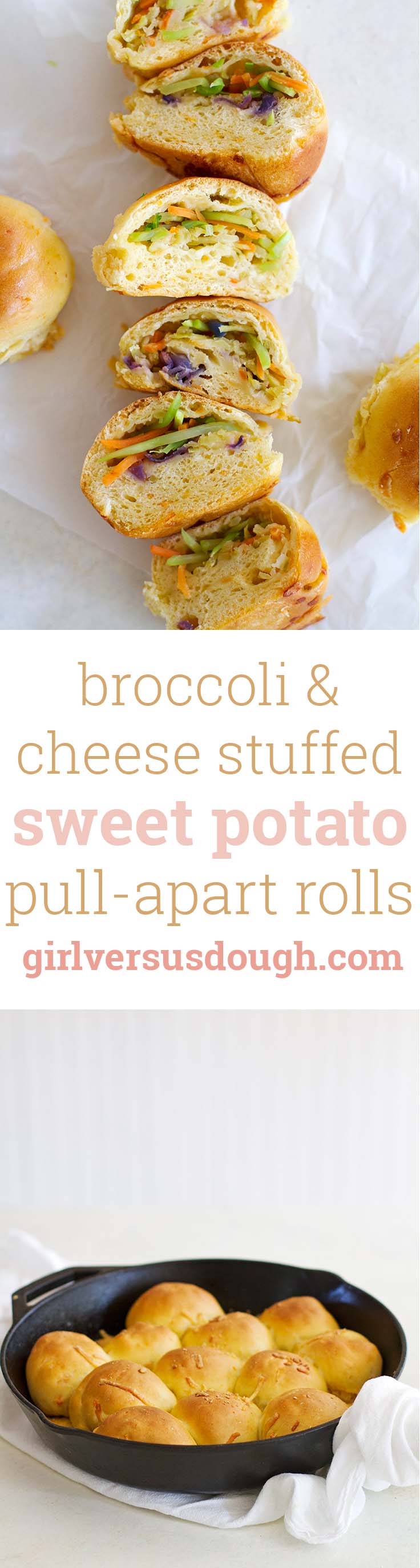 Broccoli and Cheese Stuffed Pull-Apart Sweet Potato Rolls -- Easy and delicious skillet rolls filled with fresh veggies and melted cheese. www.girlversusdough.com @girlversusdough