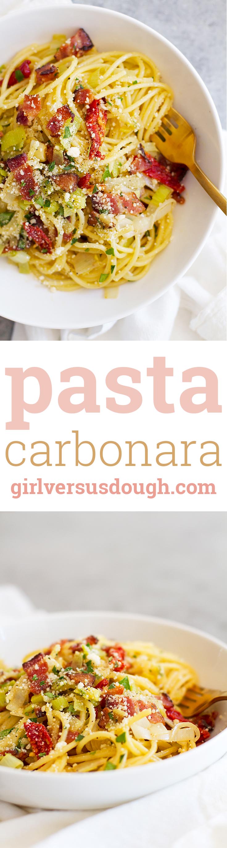 Easy Pasta Carbonara with Leeks and Sun-Dried Tomatoes -- fresh, simple and full of flavor. Perfect for a weeknight meal! girlversusdough.com @girlversusdough