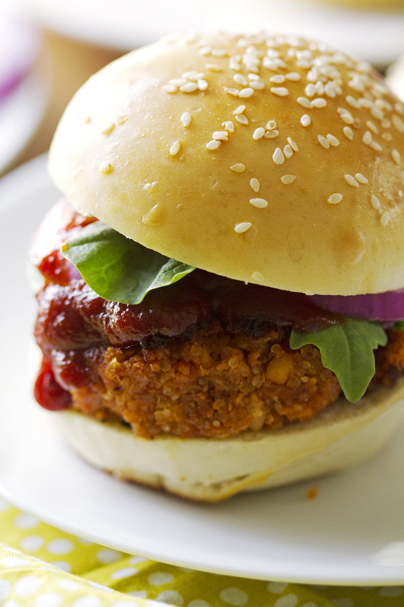 close up smoky bbq veggie burger on plate