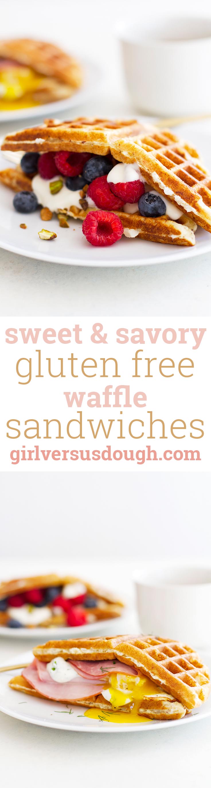 Sweet and Savory Gluten Free Waffle Breakfast Sandwiches -- Hash brown-loaded gluten free waffles topped with sweet or savory toppings; perfect for brunch! girlversusdough.com @girlversusdough