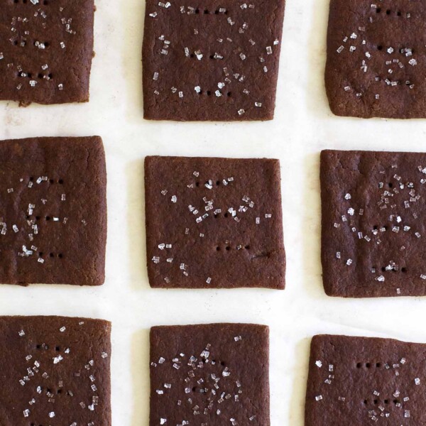 chocolate graham crackers on parchment paper.