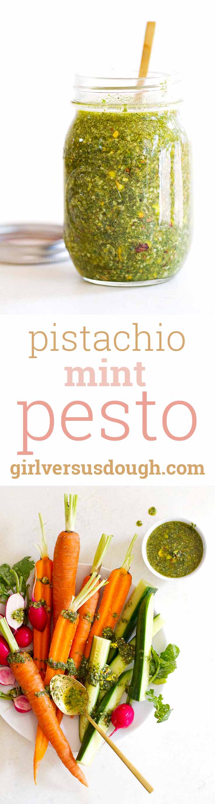 Pistachio Mint Pesto -- easy and versatile homemade pesto. Get ready to spoon this on everything! girlversusdough.com @girlversusdough