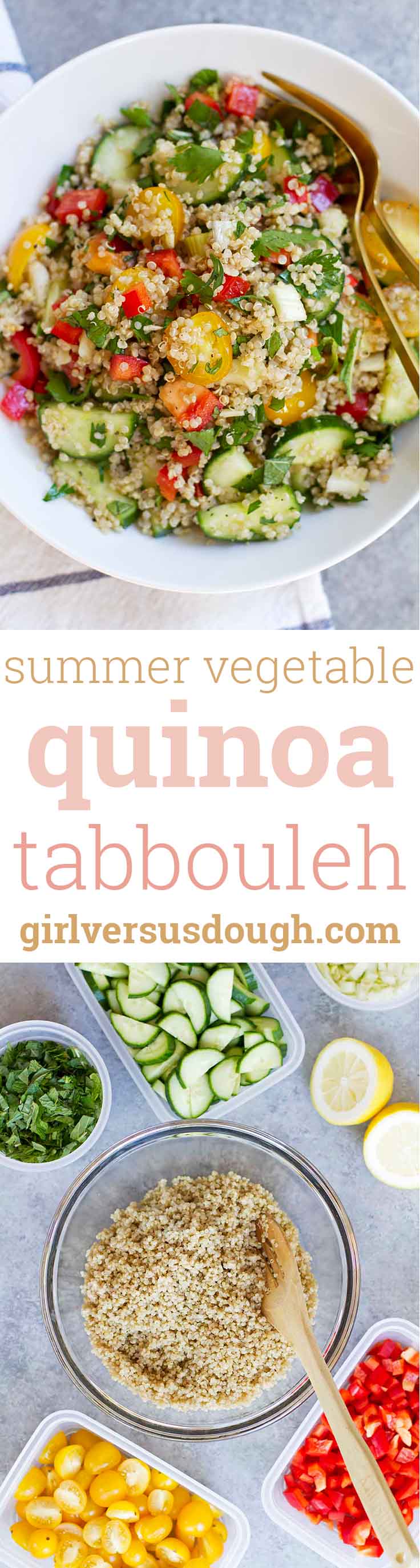 Summer Vegetable Quinoa Tabbouleh -- Fresh and flavorful tabbouleh made with quinoa and chopped seasonal vegetables. Perfect for a light meal al fresco or as a side dish for a cookout! www.girlversusdough.com @girlversusdough