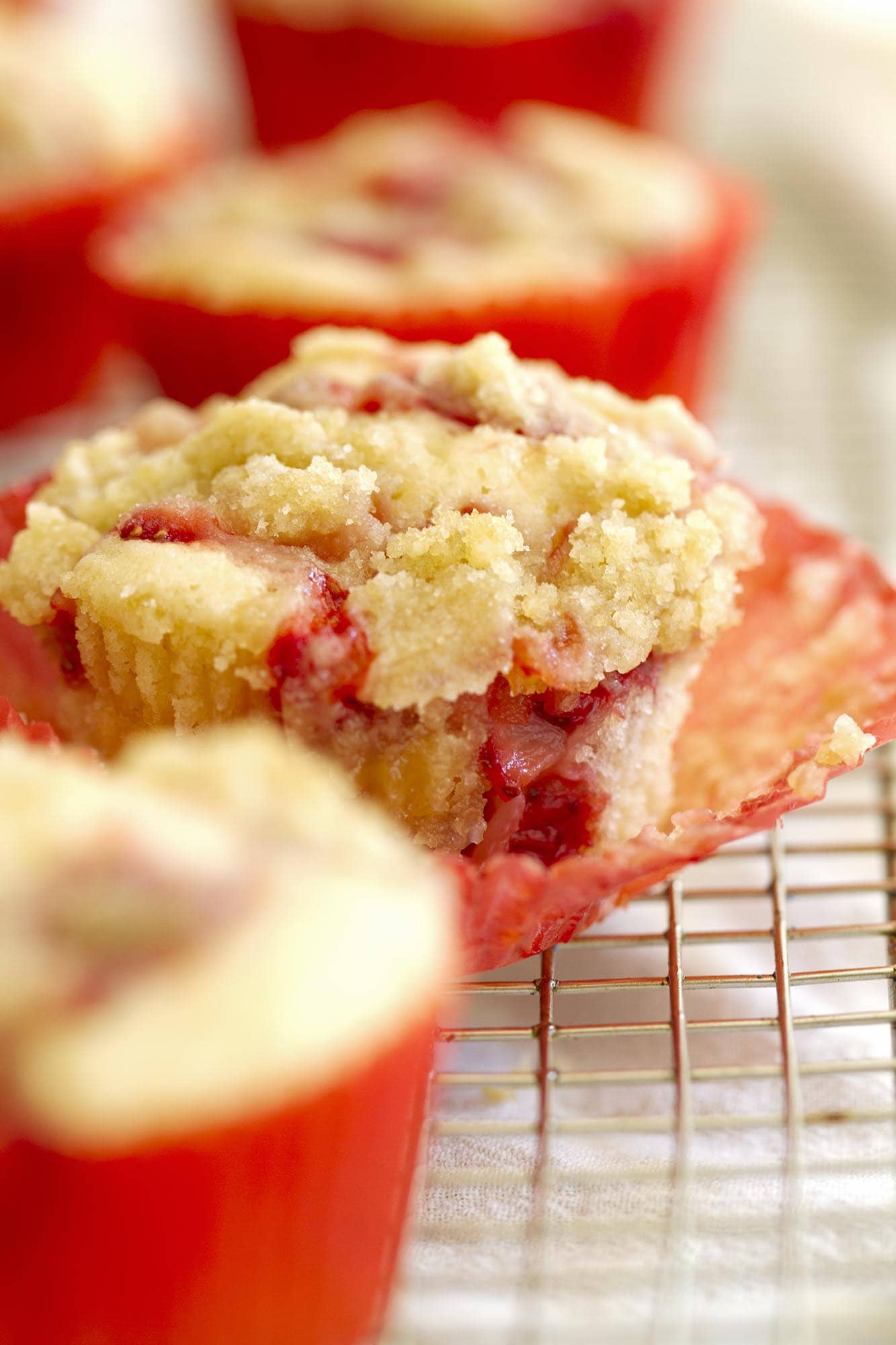 close up view strawberry crumble muffin