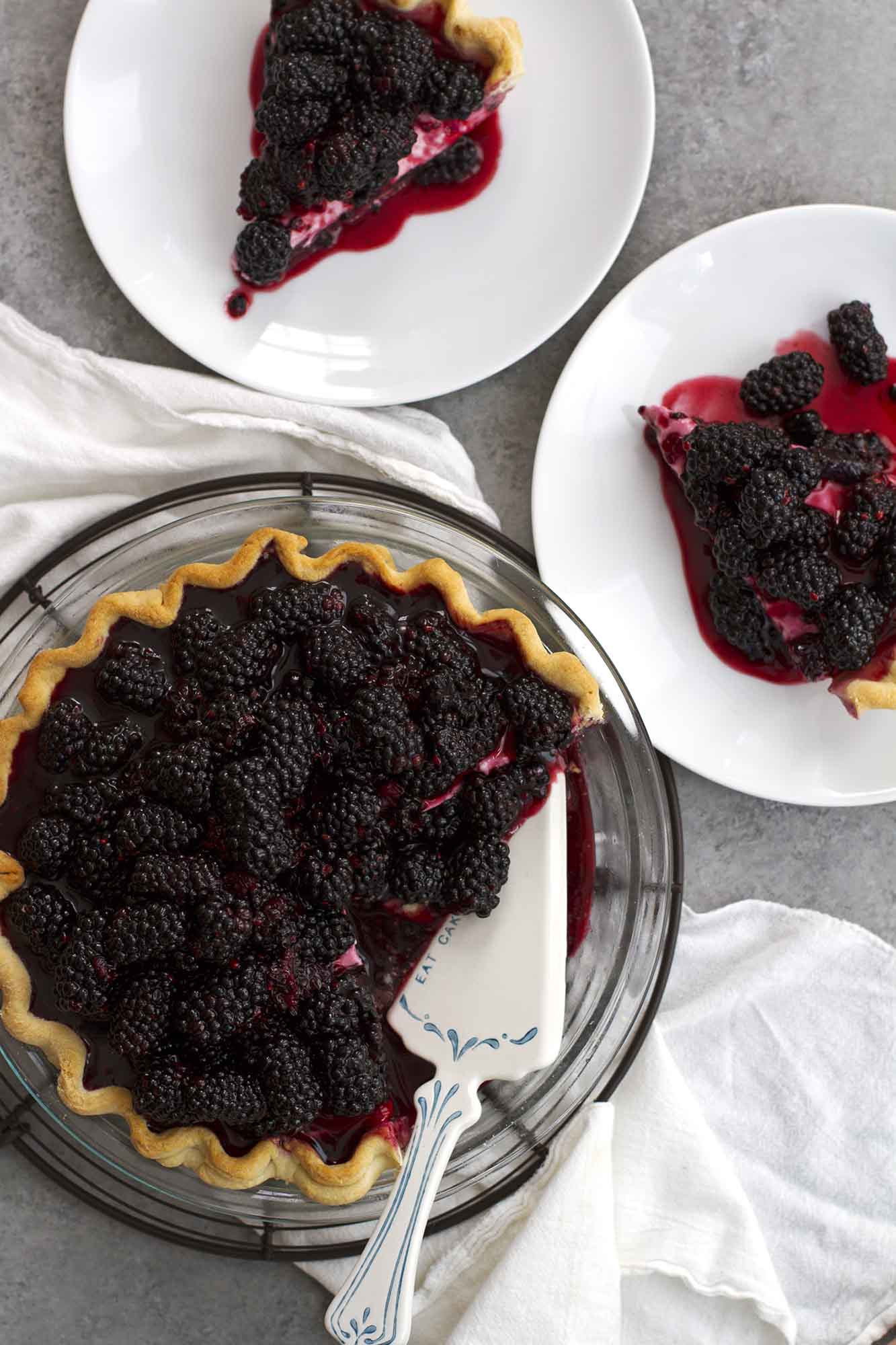 blackberry black bottom pie on cooling rack