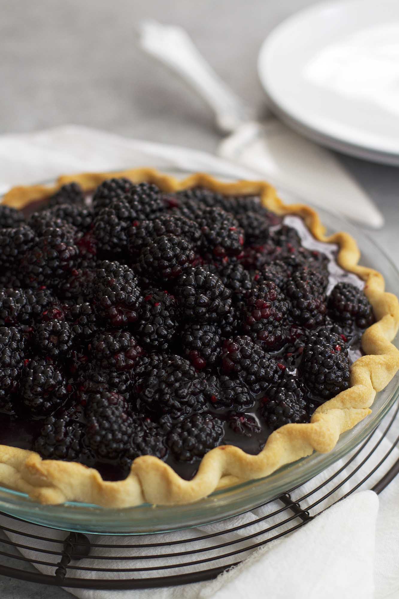 blackberry black bottom pie on cooling rack