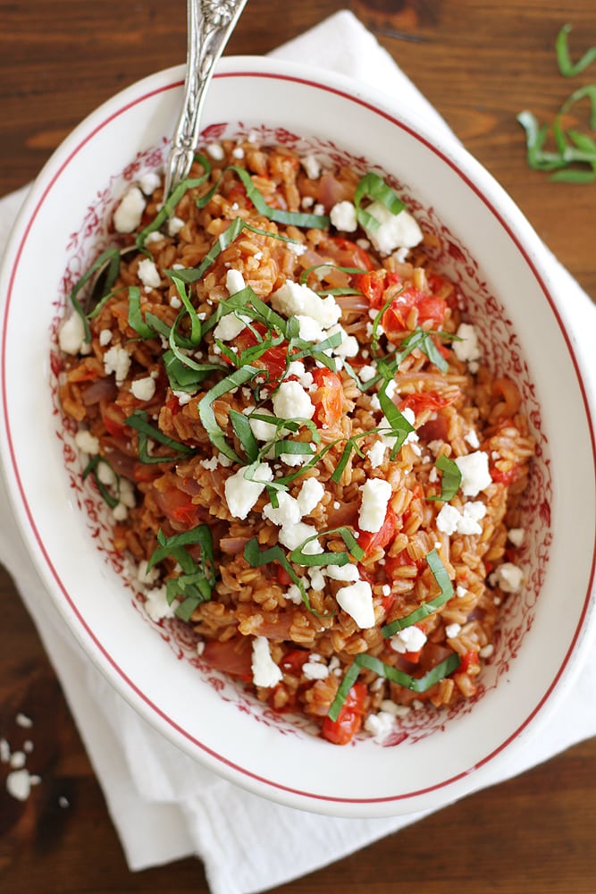 one pot farro with tomatoes and feta cheese