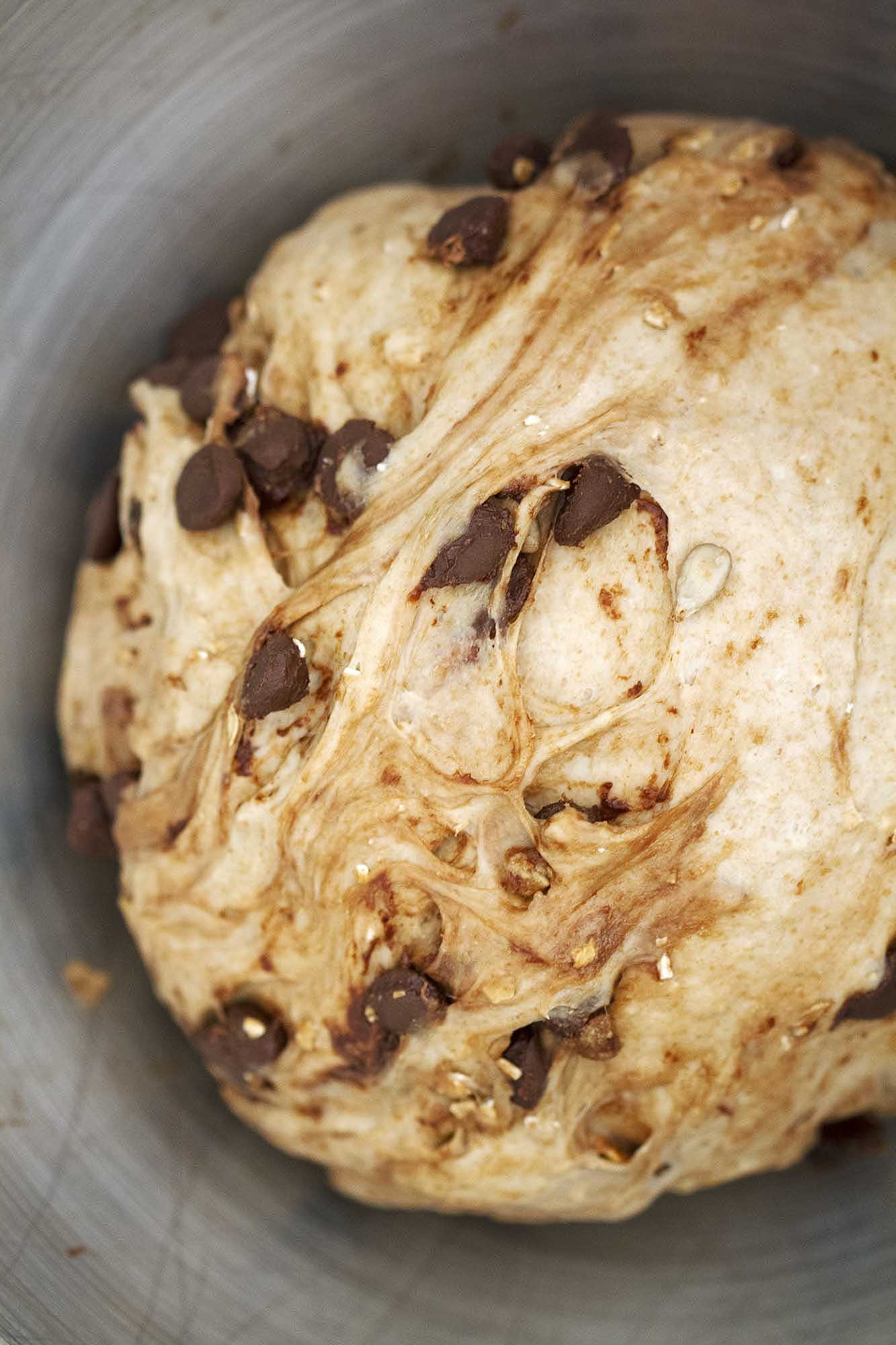 chocolate chip muesli bagel dough in bowl