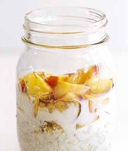 peaches and cream overnight oats in glass jar