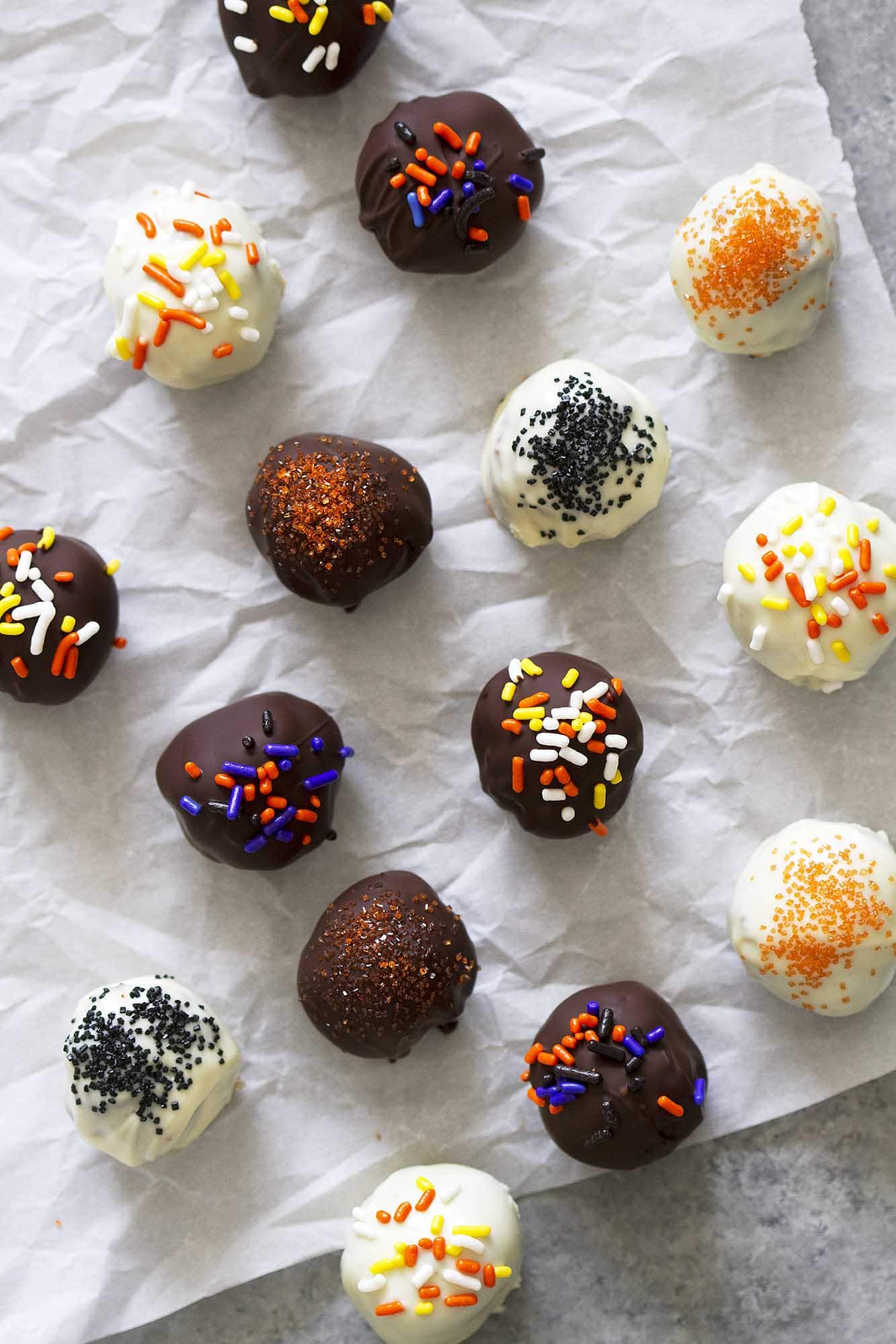 halloween brownie truffles on parchment paper