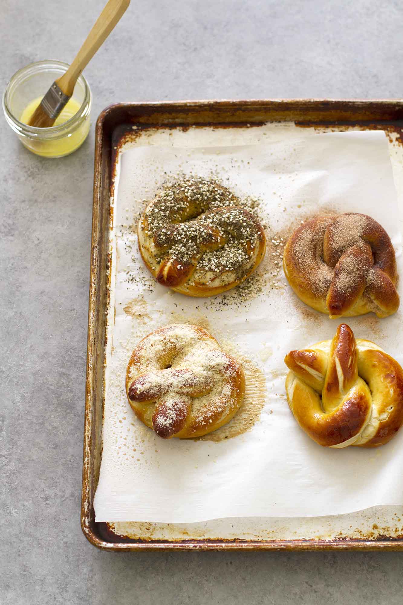 homemade soft pretzels on baking sheet