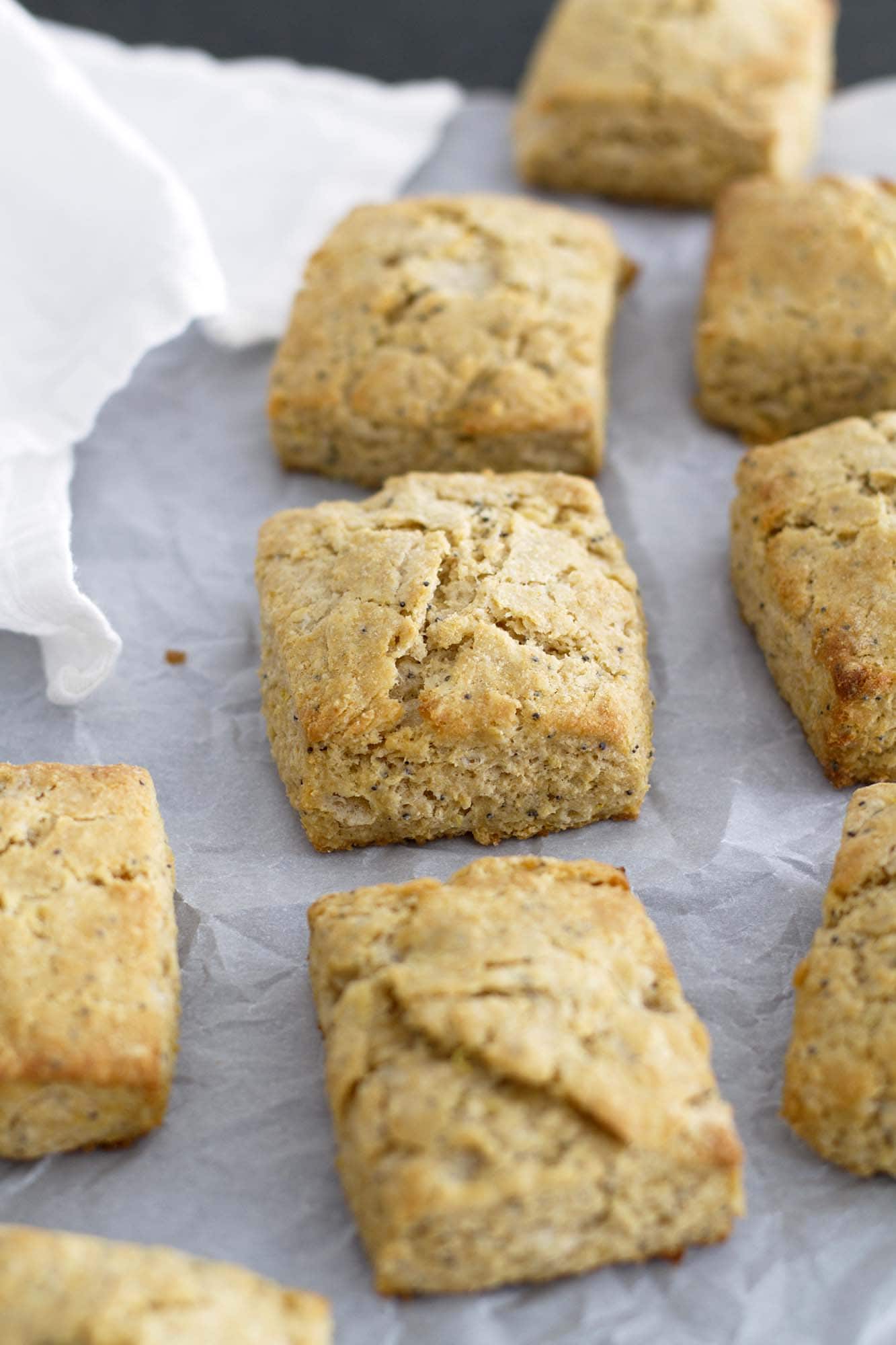 lemon poppy seed biscuits on parchment paper