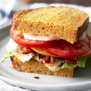 panera bread bacon turkey bravo sandwich on white plate.