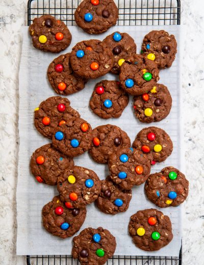brownie monster cookies on cooling rack