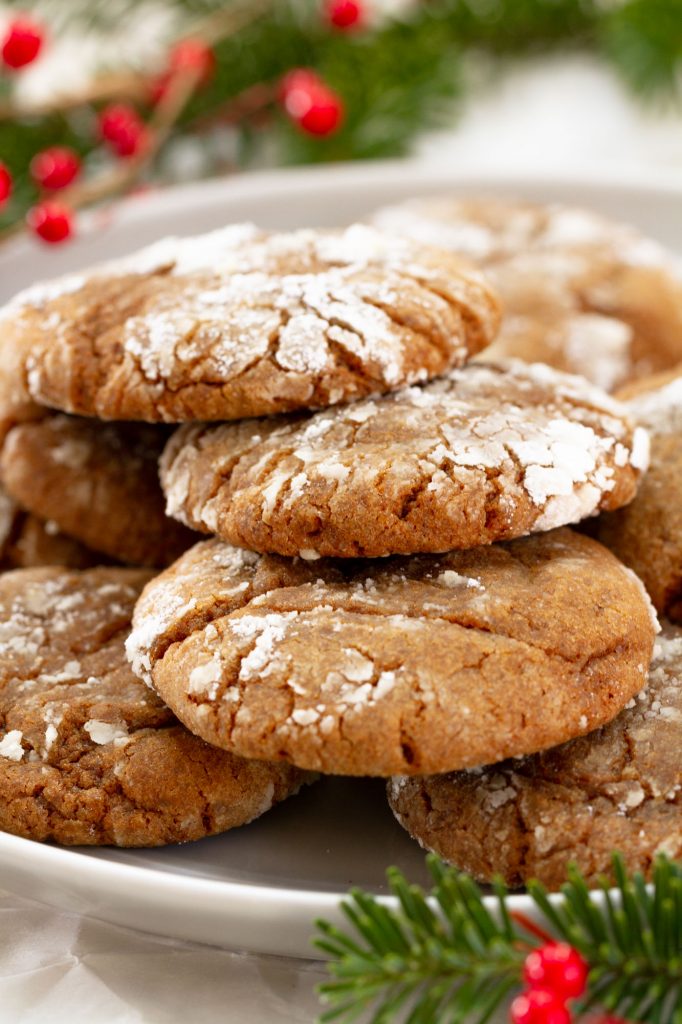 Ridiculously Soft Gingerbread Crinkle Cookies -- homemade gingerbread cookies coated in powdered sugar and soft in the centers. Perfect for holiday parties and cookie exchanges! #girlversusdough #cookierecipe #Christmascookie