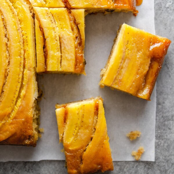 bananas foster upside down cake sliced.