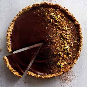 flourless dark chocolate pistachio tart.