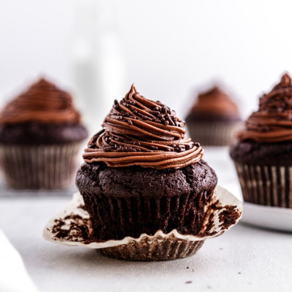 closeup of chocolate cupcake on a surface.