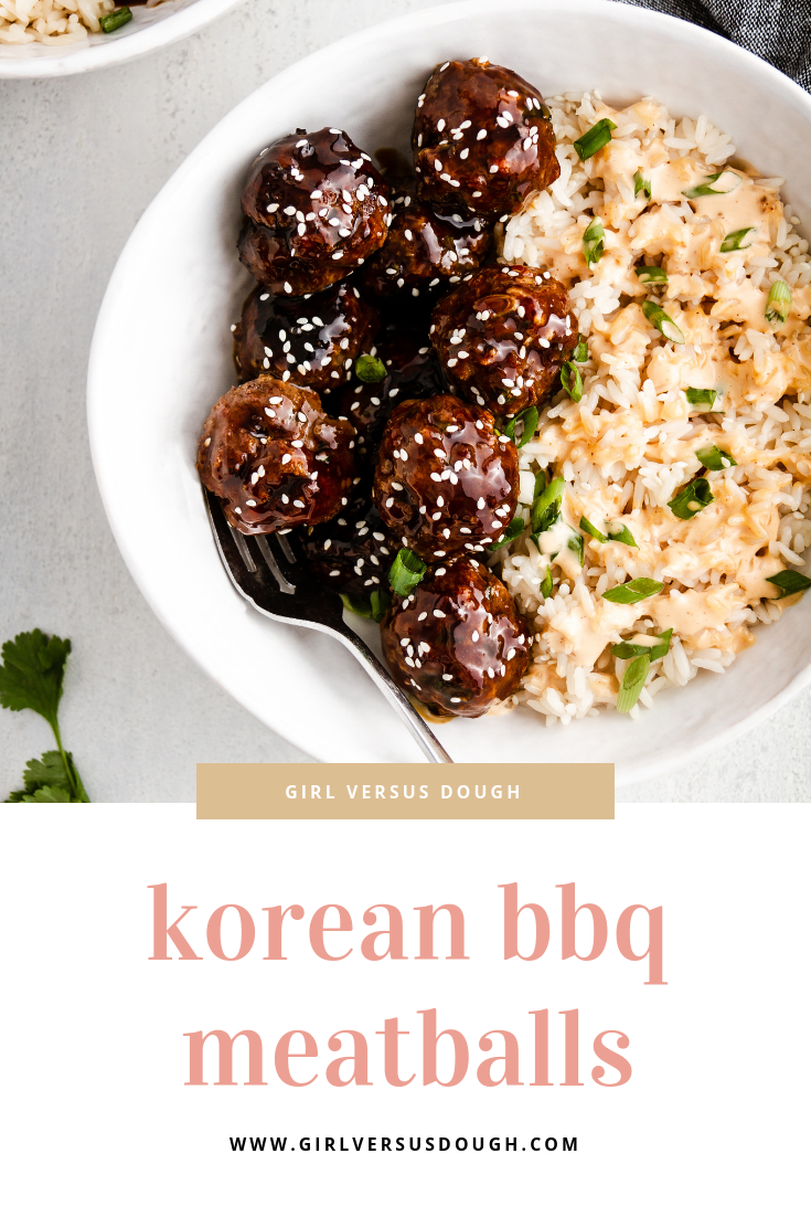 Korean BBQ Meatballs -- Sweet and spicy beef meatballs made with a Korean-style gochujang sauce. Perfect as an appetizer or with rice for a complete easy dinner recipe! @girlversusdough #girlversusdough #meatballrecipe #Koreanmeatballs