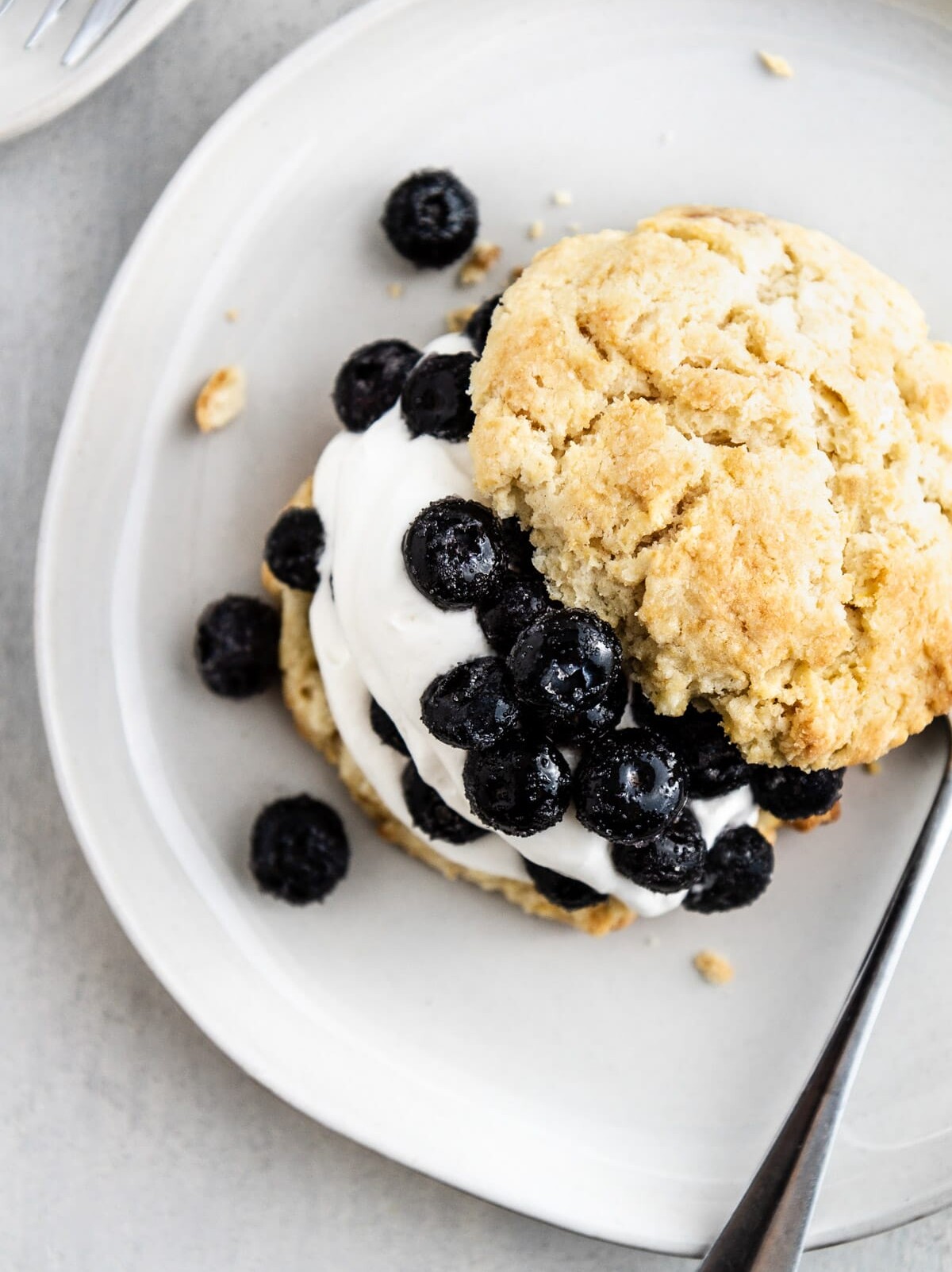 an overhead shot of blueberry shortcakes on a plate.